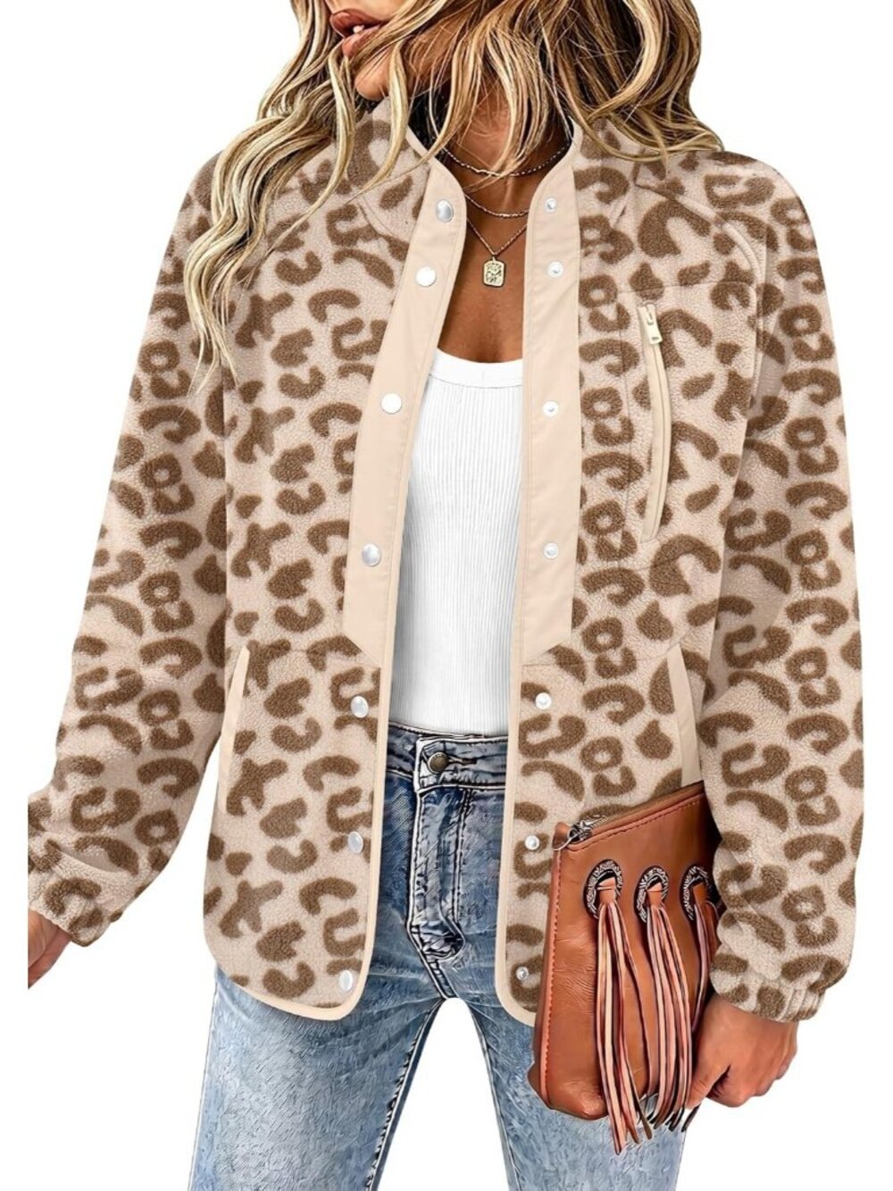 Women Leopard Print Fleece Jacket Western Aztec Print Snap Button Down Outerwear